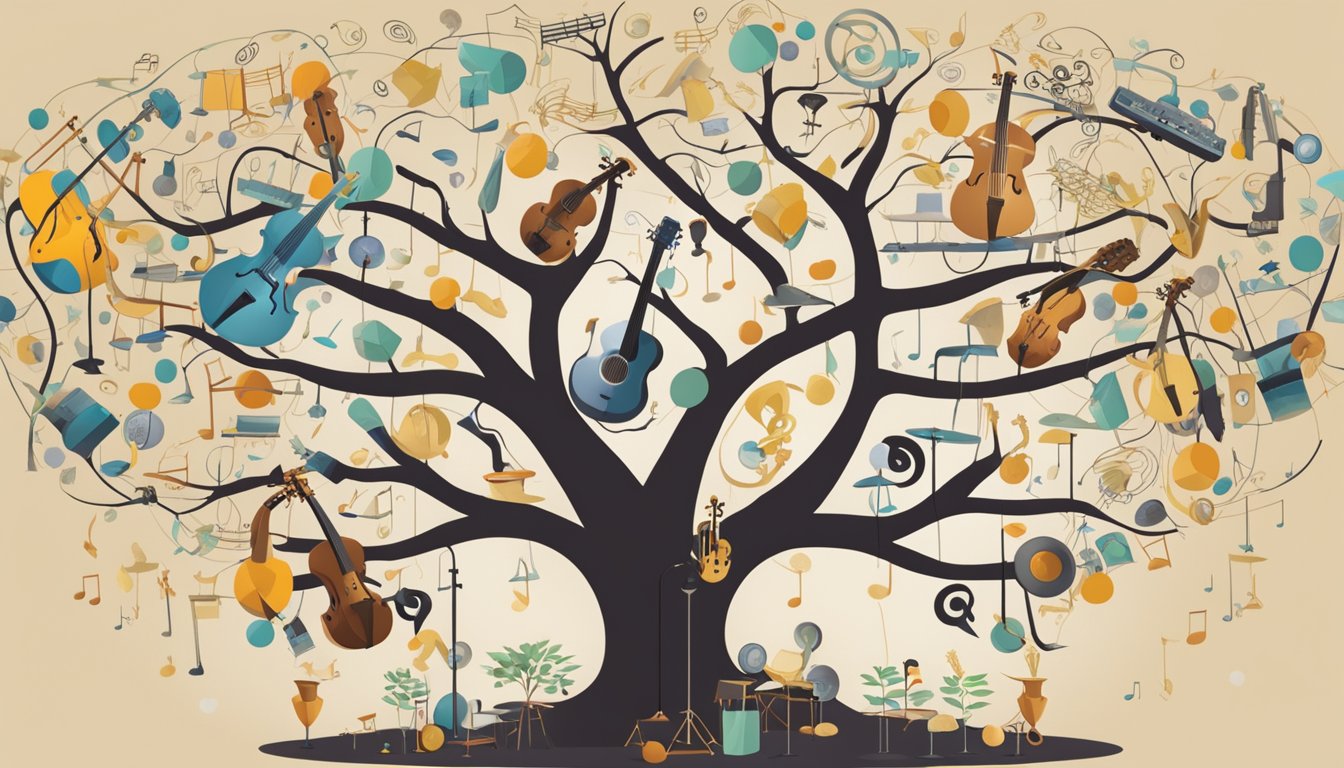 A family tree with musical instruments branching out, surrounded by iconic symbols of different music genres