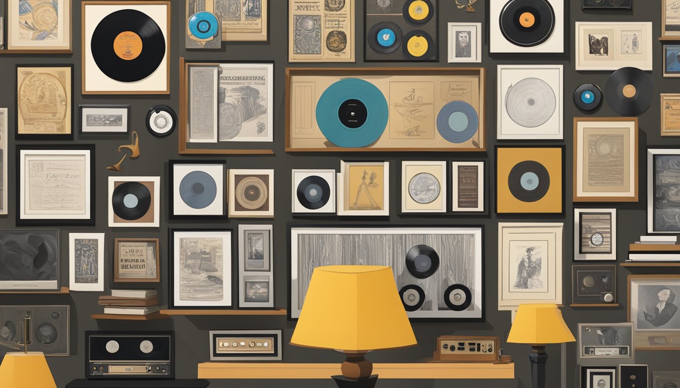 A wall covered in framed awards, vinyl records, and musical instruments arranged in a linear fashion, leading the viewer's eye through George's musical lineage and influences