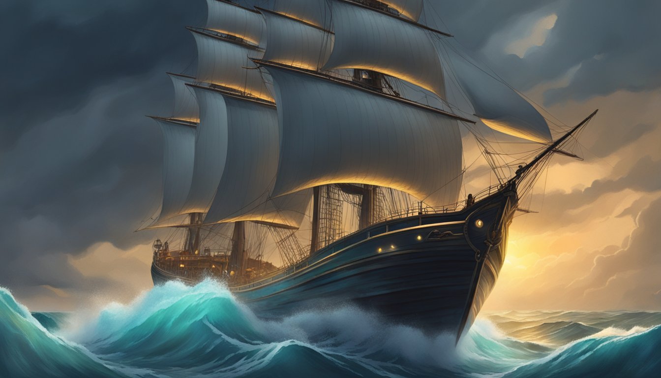 A confident figure stands at the helm of a ship, guiding it through stormy waters towards a glowing bank on the horizon