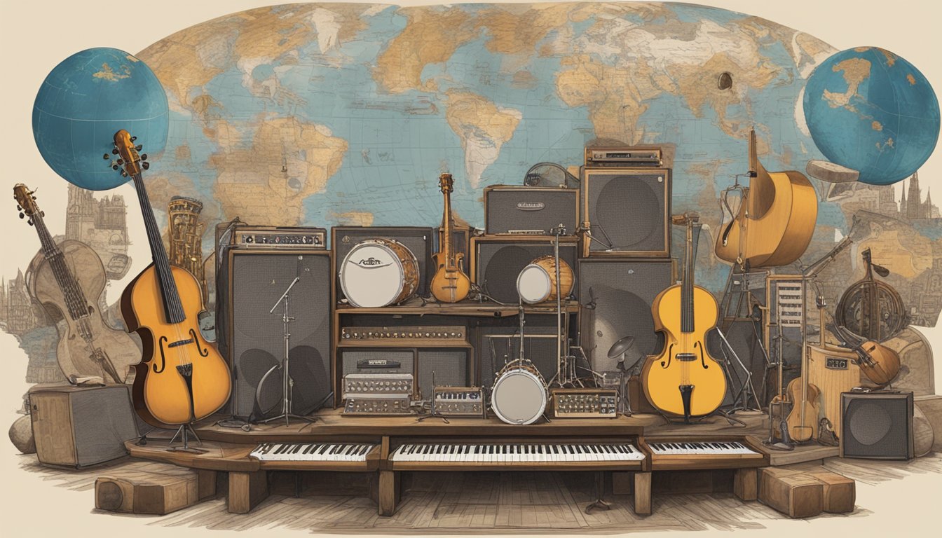 A stage with instruments from different eras, surrounded by images of influential musicians and a map tracing George's musical influences