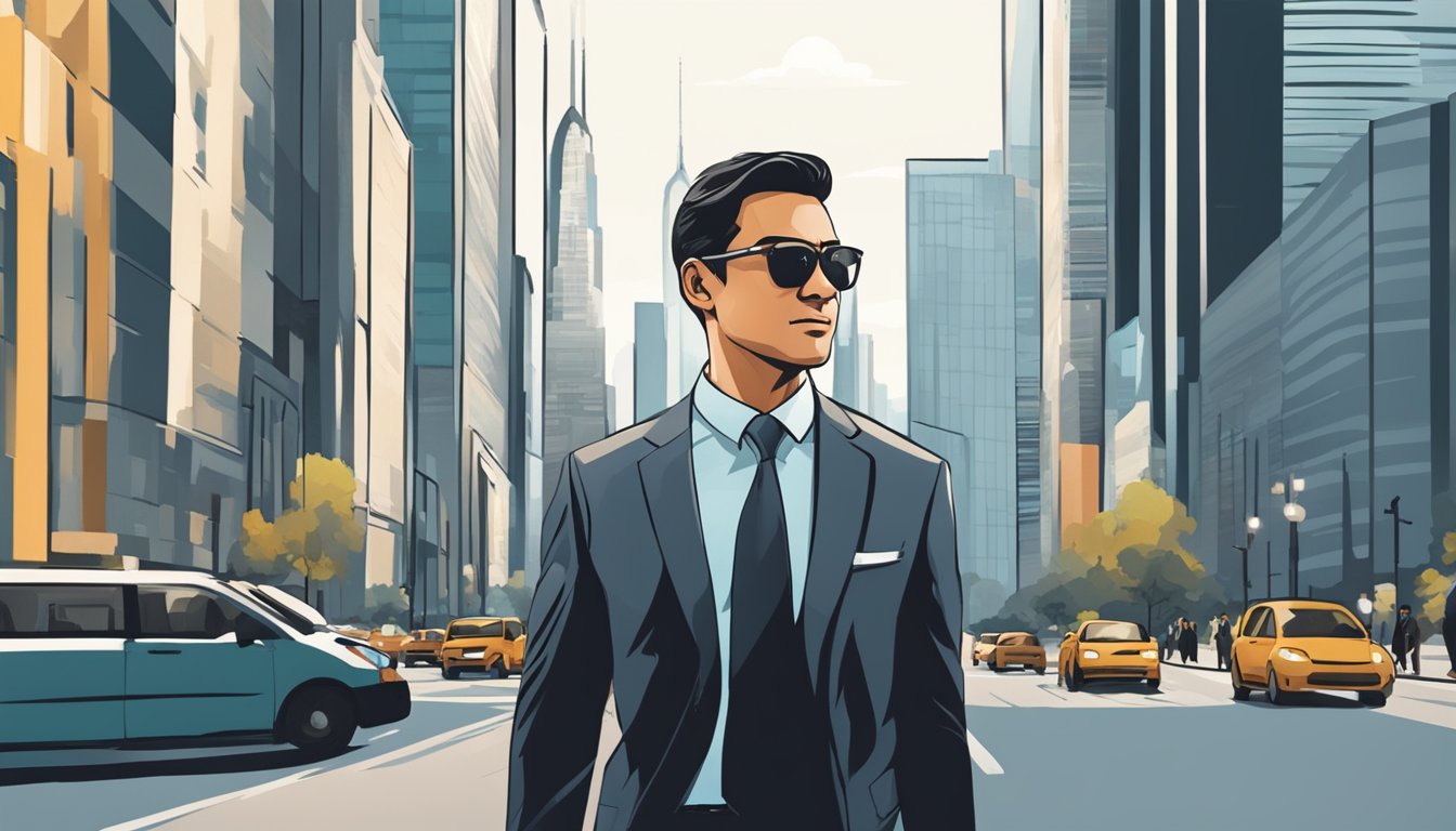 A businessman confidently walks through a bustling city street, surrounded by towering skyscrapers and busy professionals. He exudes a sense of purpose and determination as he heads towards a sleek, modern bank building