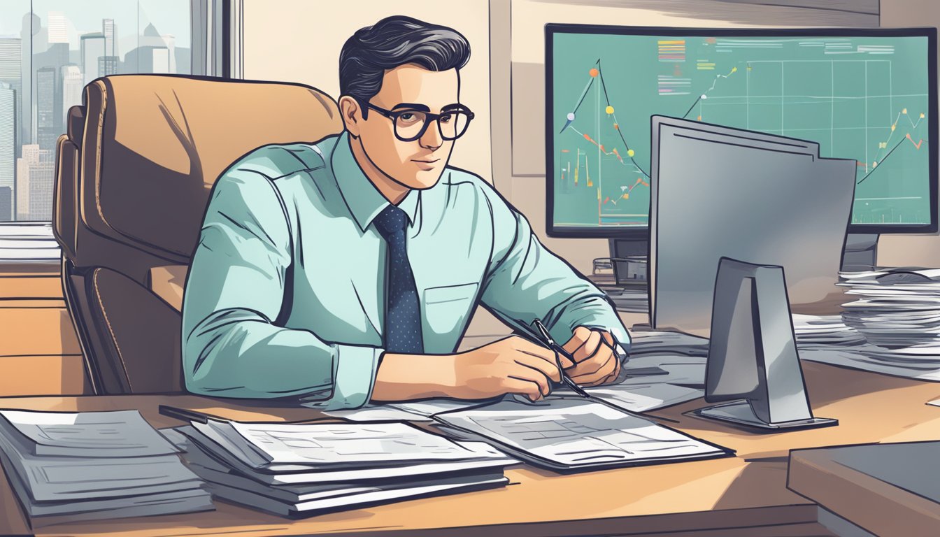 George sits at a desk, surrounded by financial reports and charts. He confidently analyzes data, strategizing for success