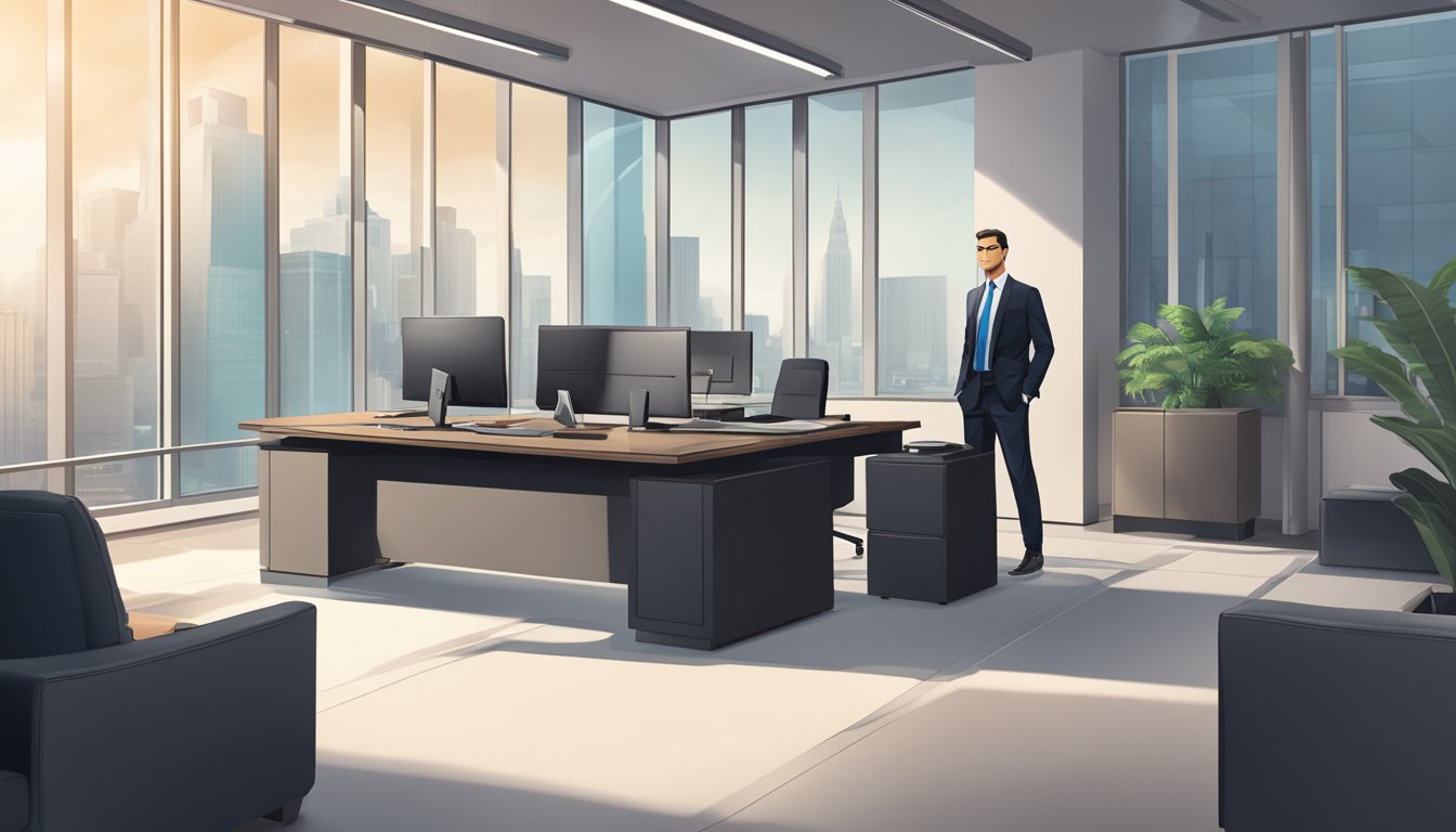 A sleek, modern office with a large desk, computer, and bank logo prominently displayed. A confident figure in a suit stands at the center, exuding authority and expertise