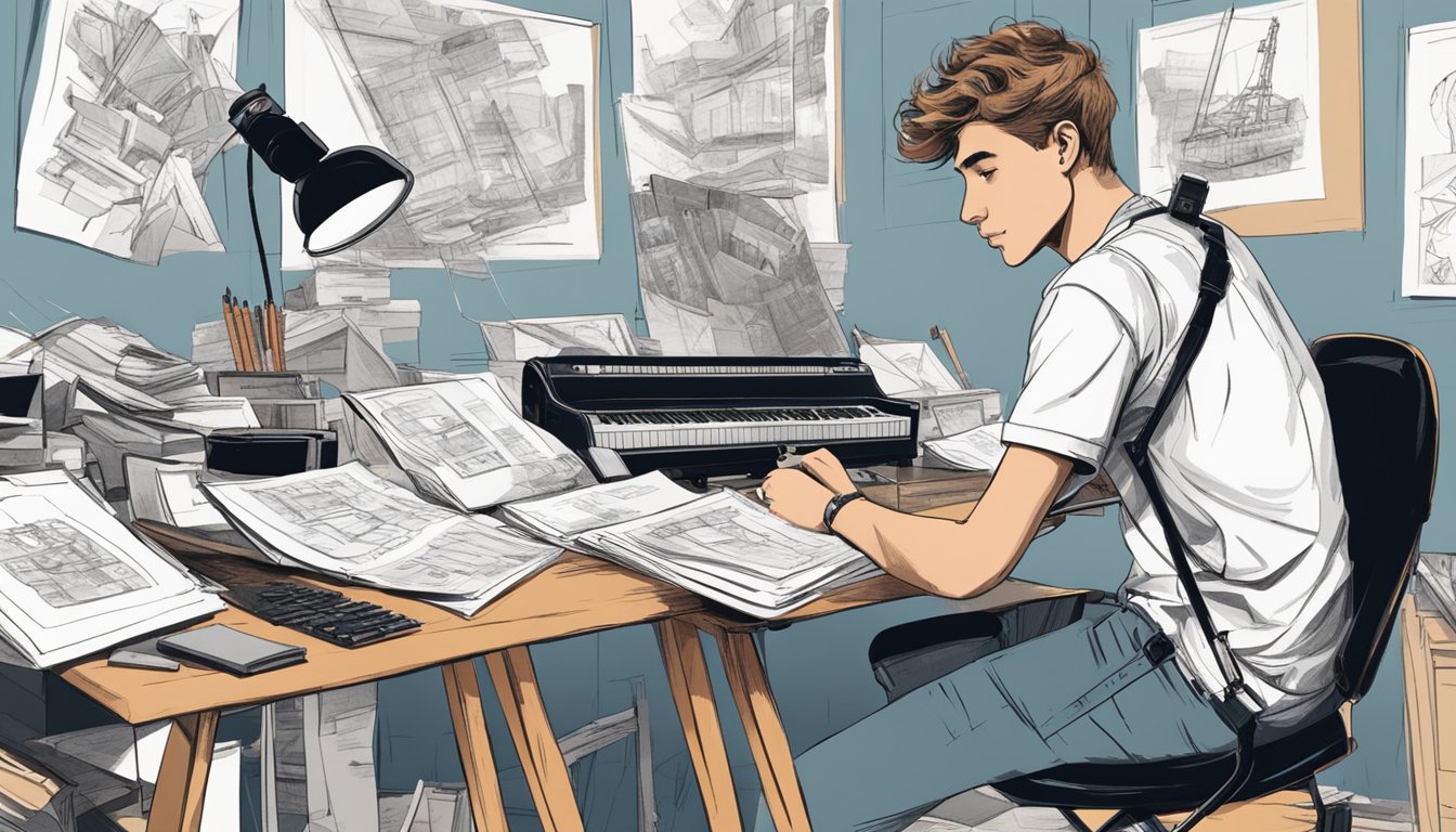 A young musician sits at a cluttered desk, surrounded by sketches and storyboards. A camera and tripod stand nearby, ready for filming