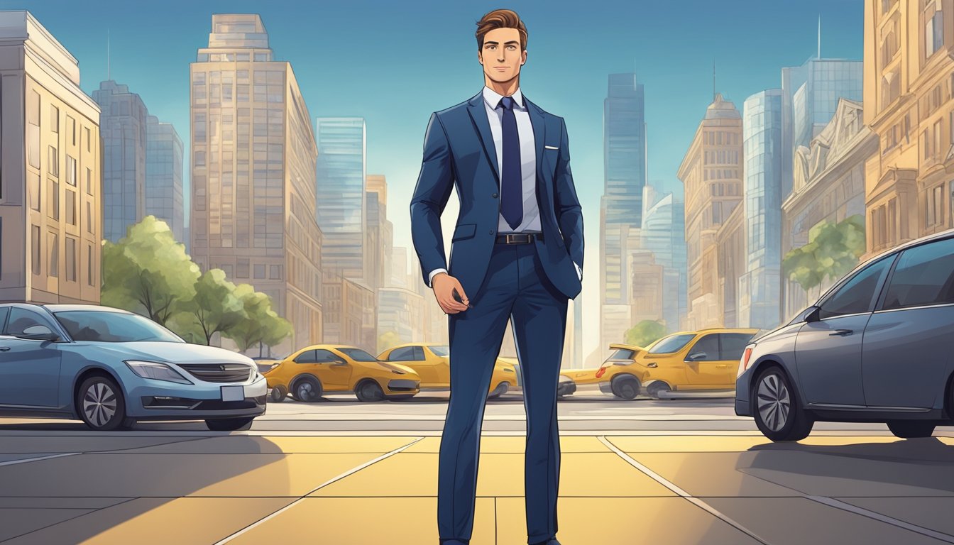 A confident man in a tailored suit stands in front of a bank, surrounded by bustling city life. He exudes success and determination