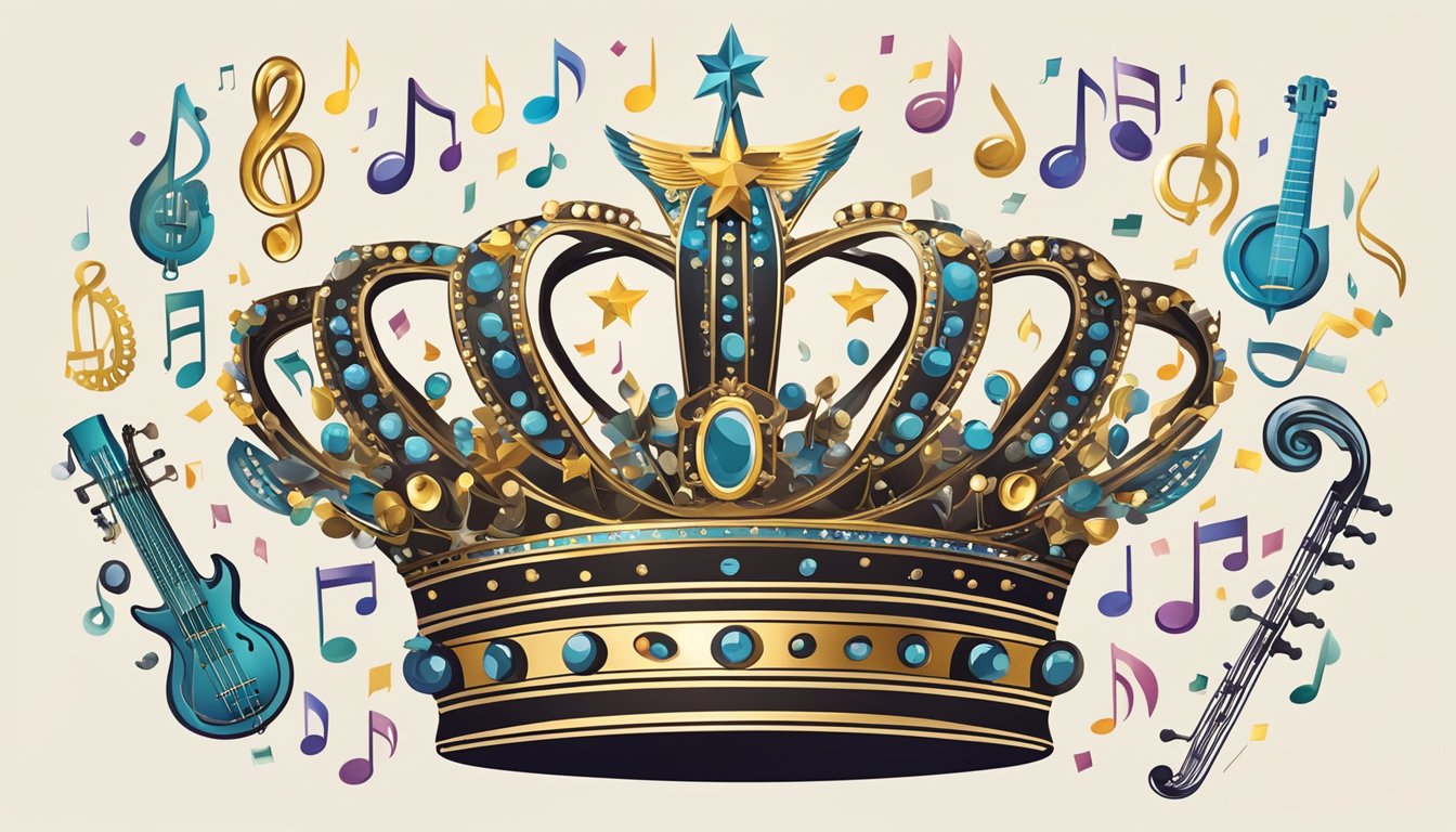 A glittering crown surrounded by musical notes and instruments, symbolizing George's lasting influence on country music