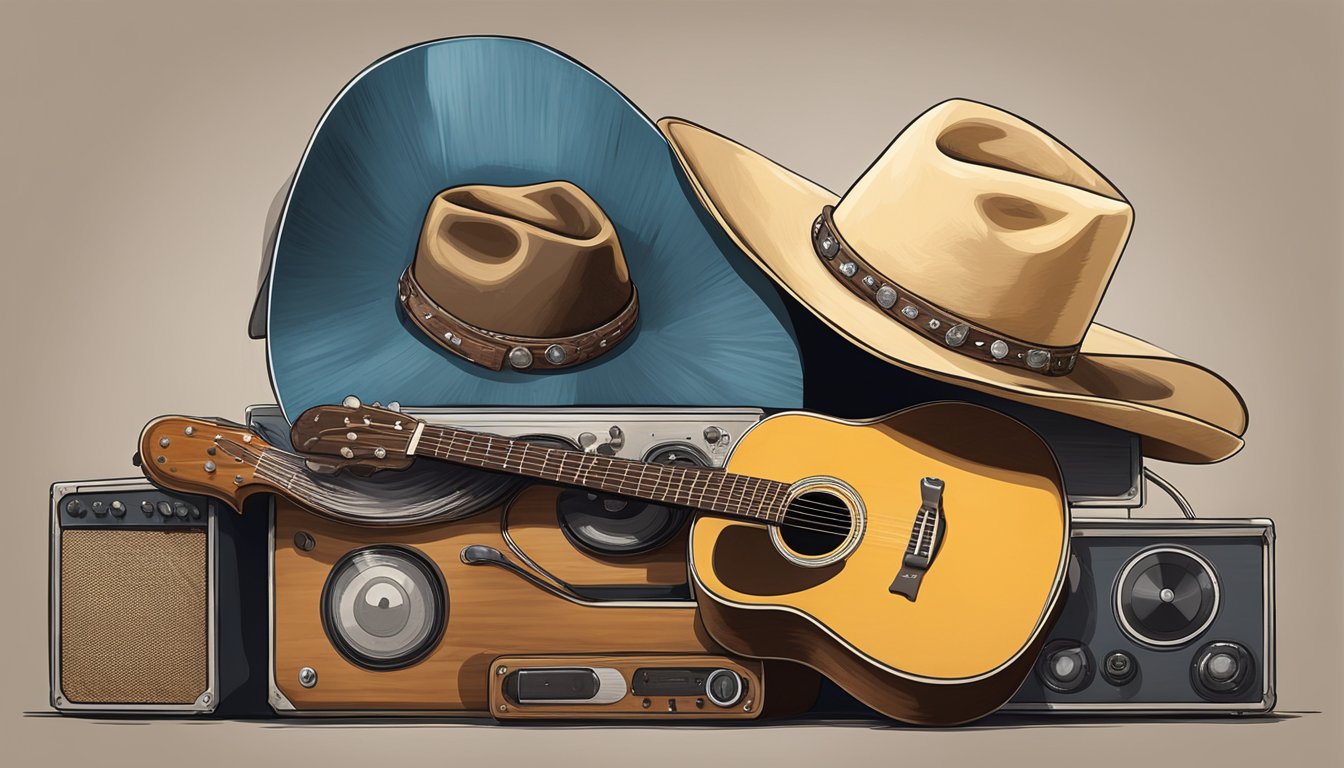 A cowboy hat resting on a weathered guitar, surrounded by a collection of vinyl records and a microphone on a stage