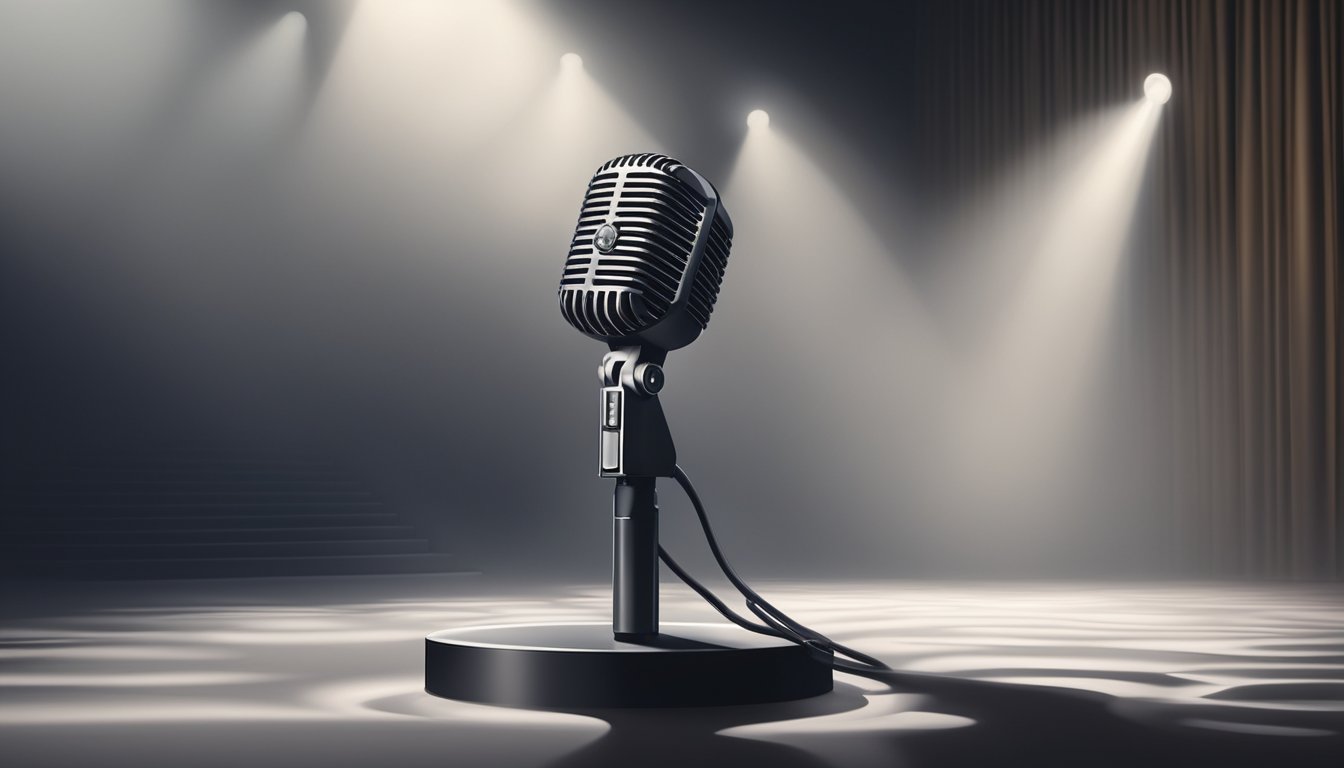 A lone microphone stands on a dimly lit stage, surrounded by swirling mist. A spotlight illuminates the area, casting dramatic shadows