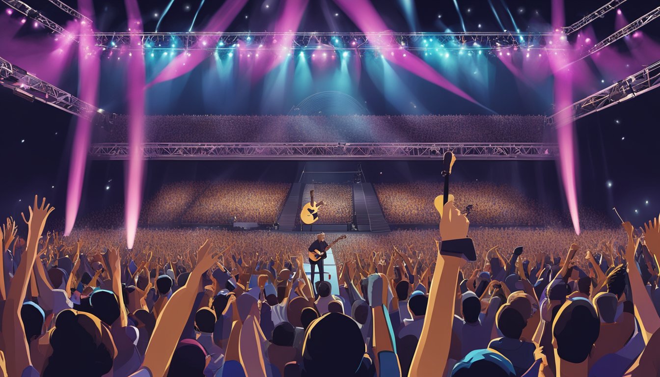 A grand concert stage with George's iconic guitar and microphone stand, surrounded by a sea of cheering fans and bright stage lights