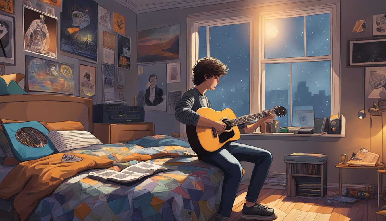 A young musician practices guitar in a dimly lit bedroom, surrounded by posters of famous bands and music icons. A notebook filled with song lyrics sits open on the desk