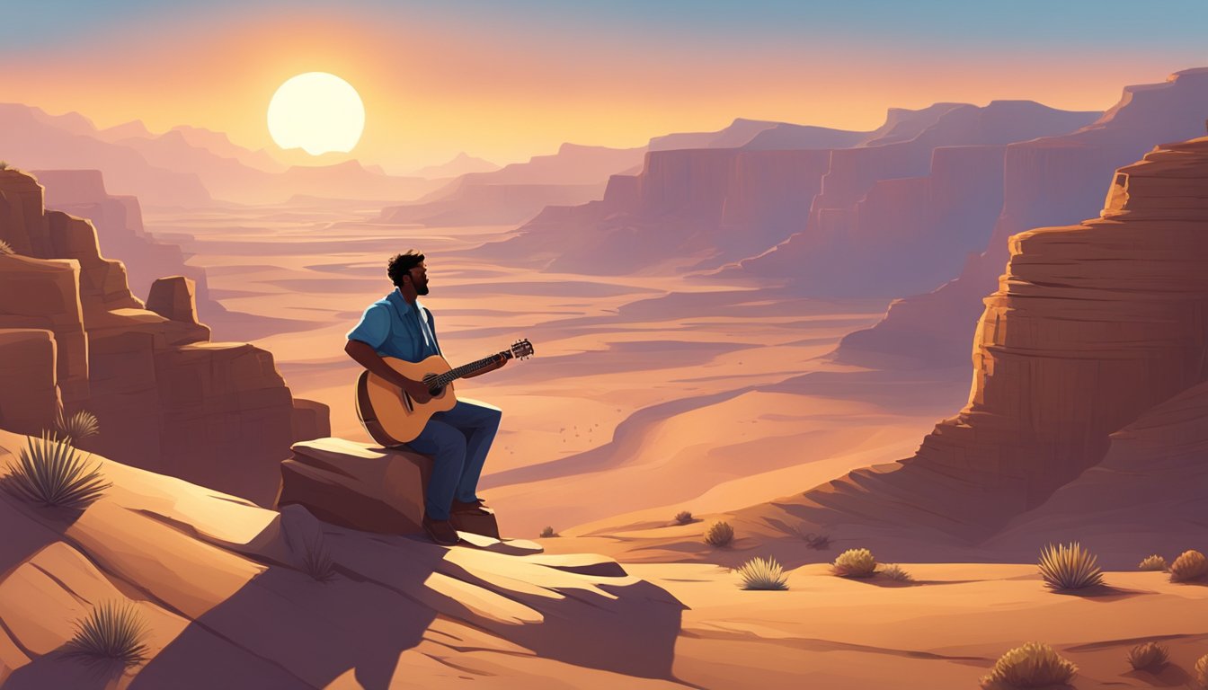 A musician stands on a desert cliff, overlooking a vast expanse of rugged terrain. The sun sets behind him, casting long shadows as he strums his guitar