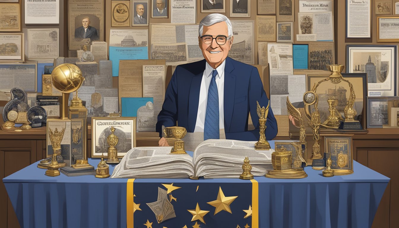 A collection of awards, trophies, and newspaper clippings, showcasing George's accomplishments and recognition throughout his life and career