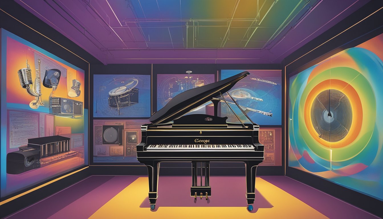 A collection of George's instruments, records, and concert posters displayed in a sleek museum exhibit. A holographic projection of George performing hovers above