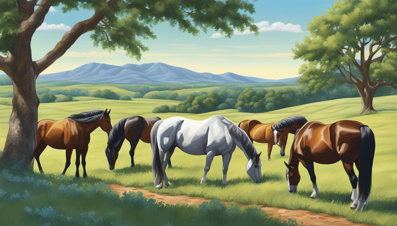 George Strait's horses grazing in a lush pasture with rolling hills in the background, under a clear blue sky