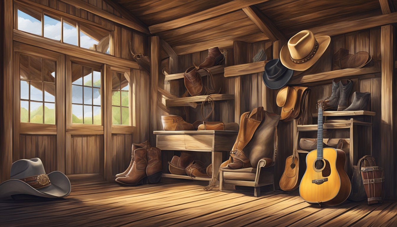 A cowboy hat, a pair of cowboy boots, a guitar, and a saddle arranged in a rustic barn setting