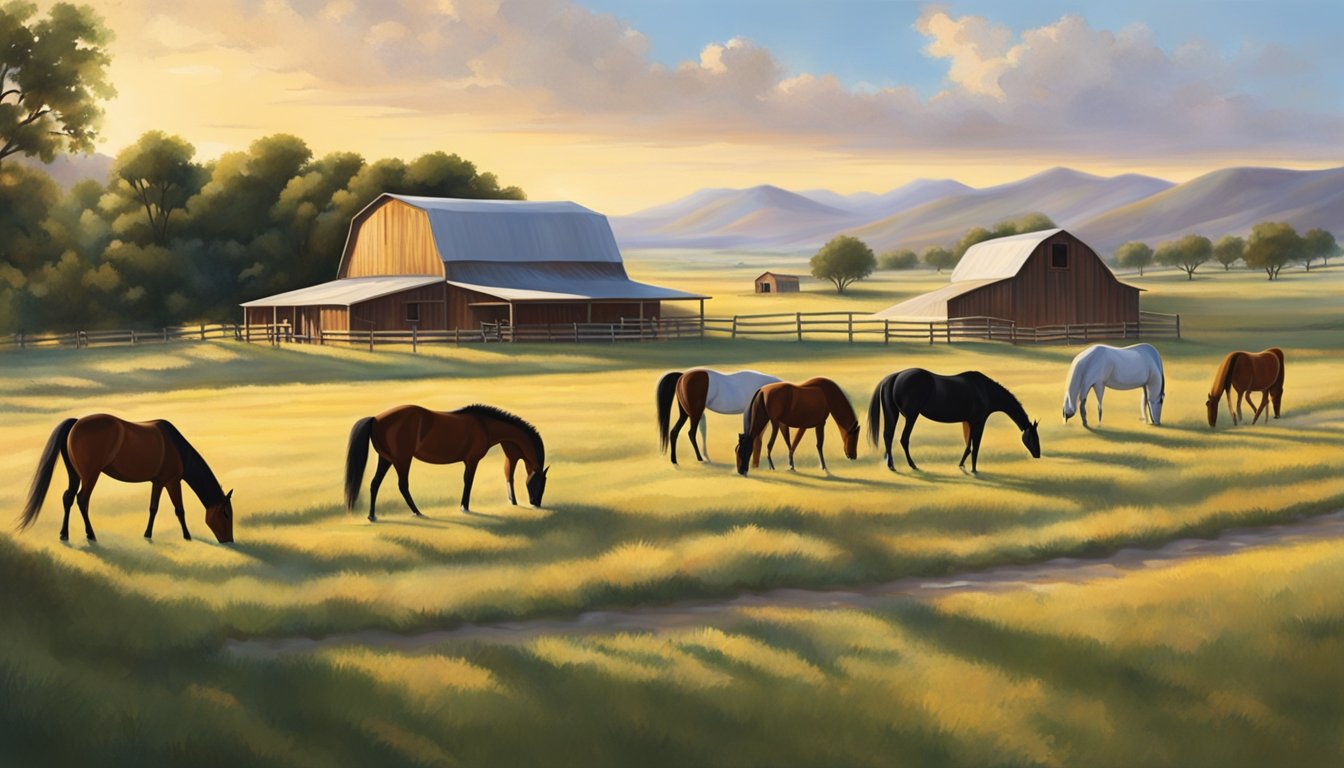 George Strait's ranch, with rolling hills and lush pastures, is home to his majestic horses. A barn stands in the background as the horses graze peacefully in the golden sunlight