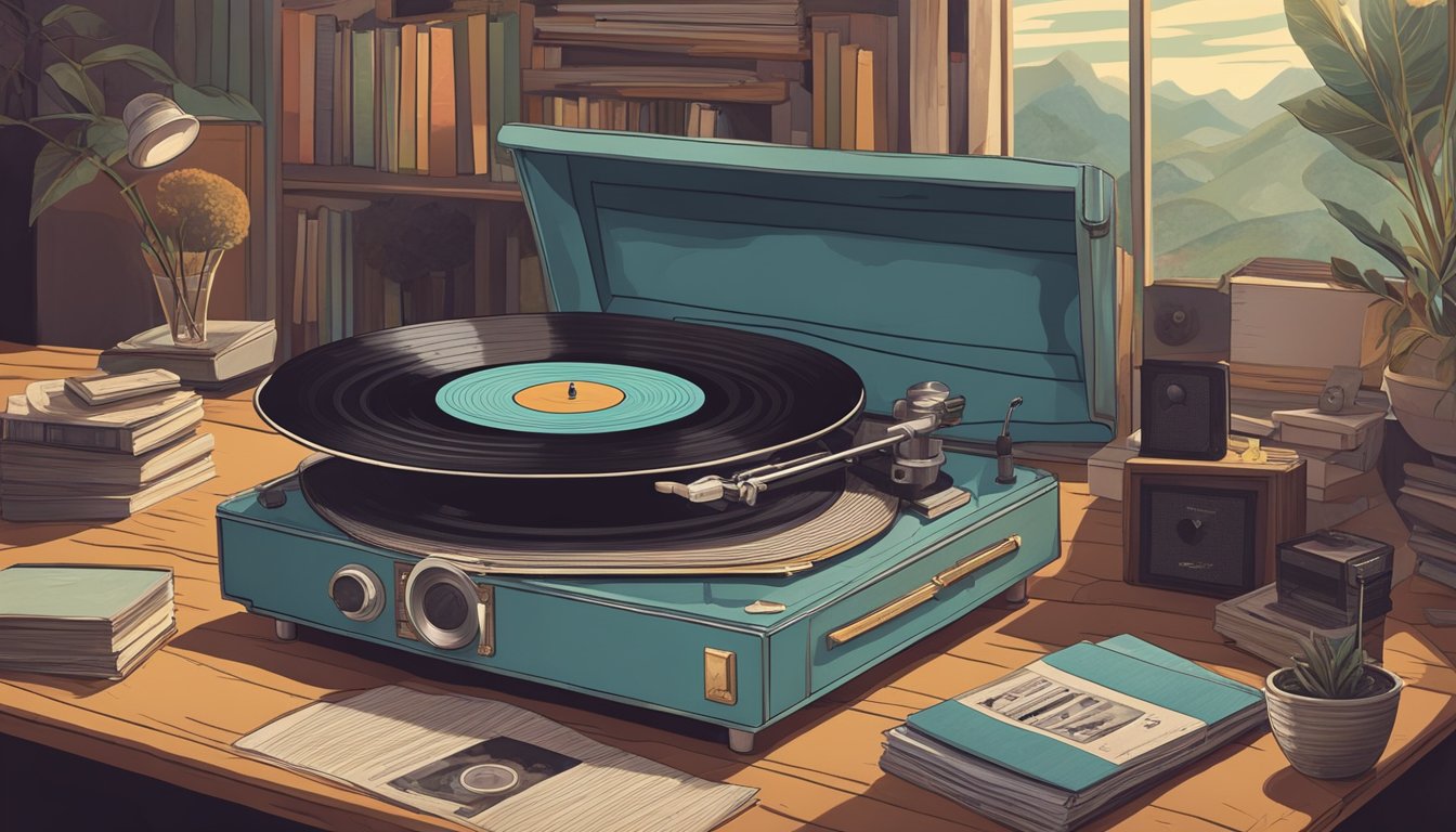 A vintage record player surrounded by romantic ballads and modern country albums, creating a juxtaposition of old and new music