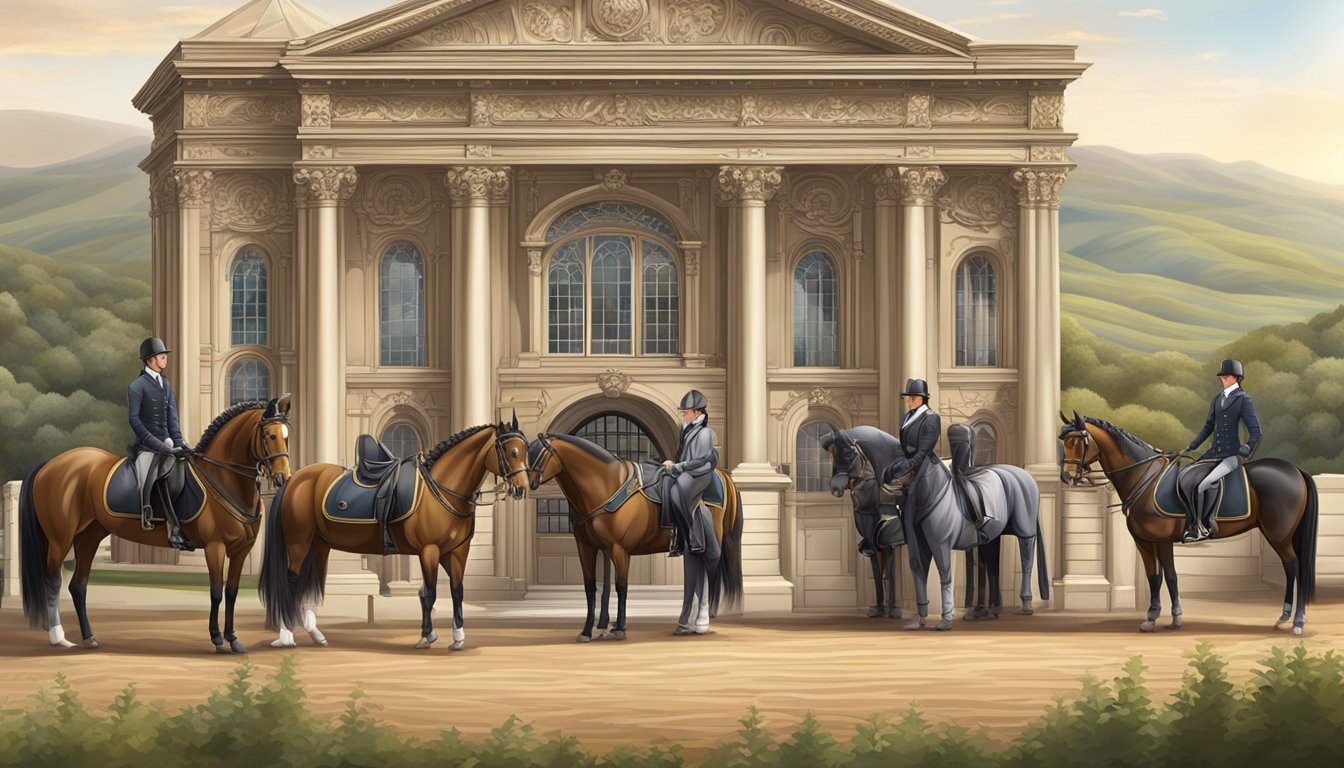 A regal stable with majestic horses and equestrian gear, set against a backdrop of rolling hills and a grand, ornate stable building