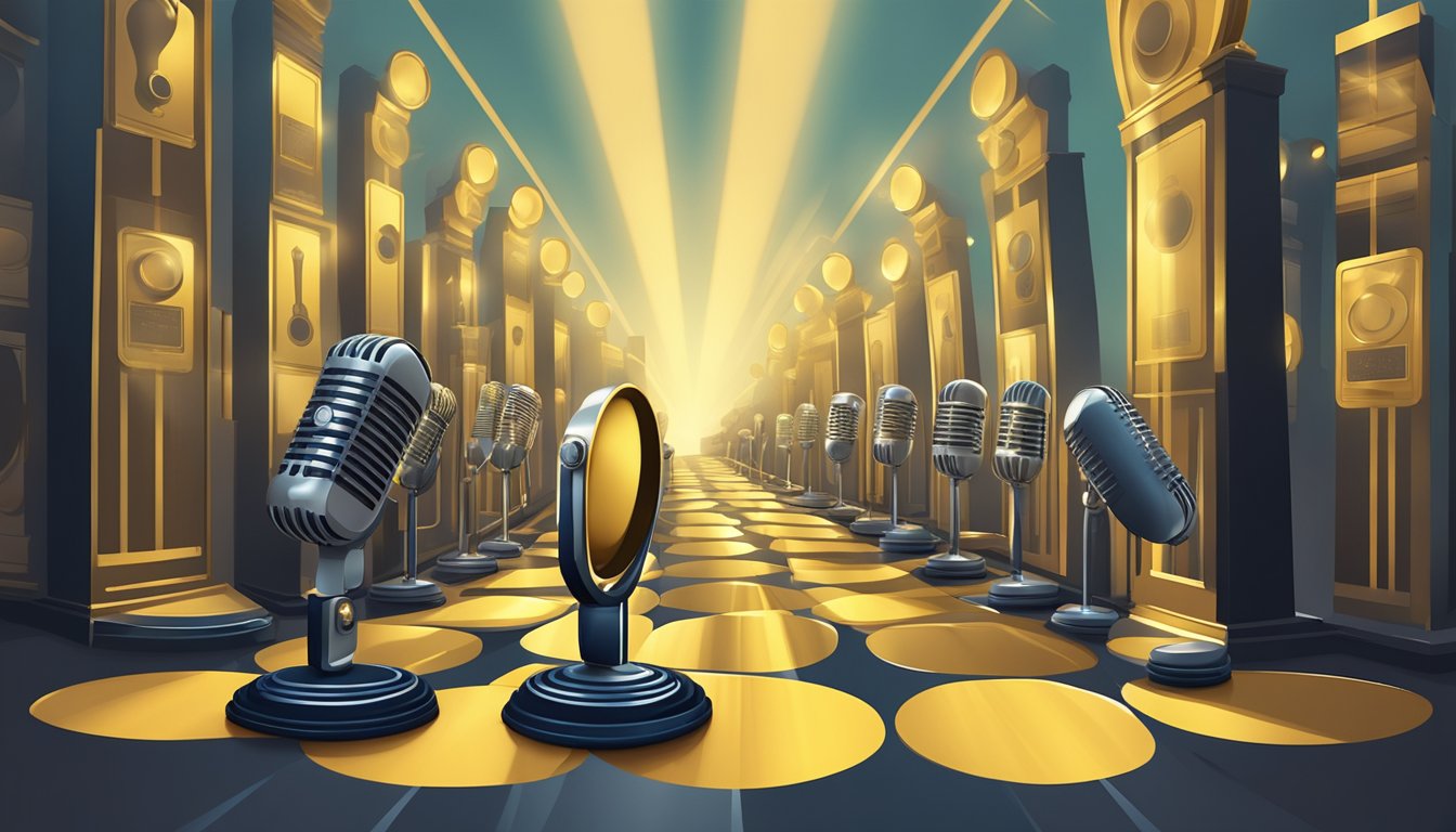 A winding road lined with gold record plaques and music award statues, leading towards a spotlight shining on a vintage microphone