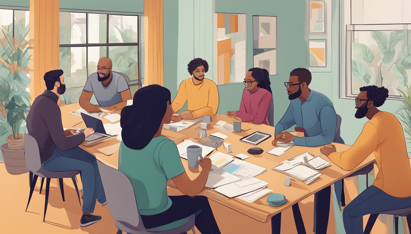 A group of diverse collaborators gather around a table, sharing ideas and working on projects. The room is filled with creative energy and lively conversation