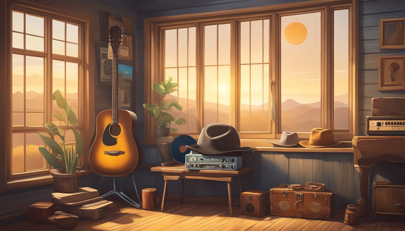 A lone guitar sits atop a weathered wooden stool, surrounded by vintage vinyl records and a worn cowboy hat. Sunlight streams through a window, casting a warm glow on the instruments