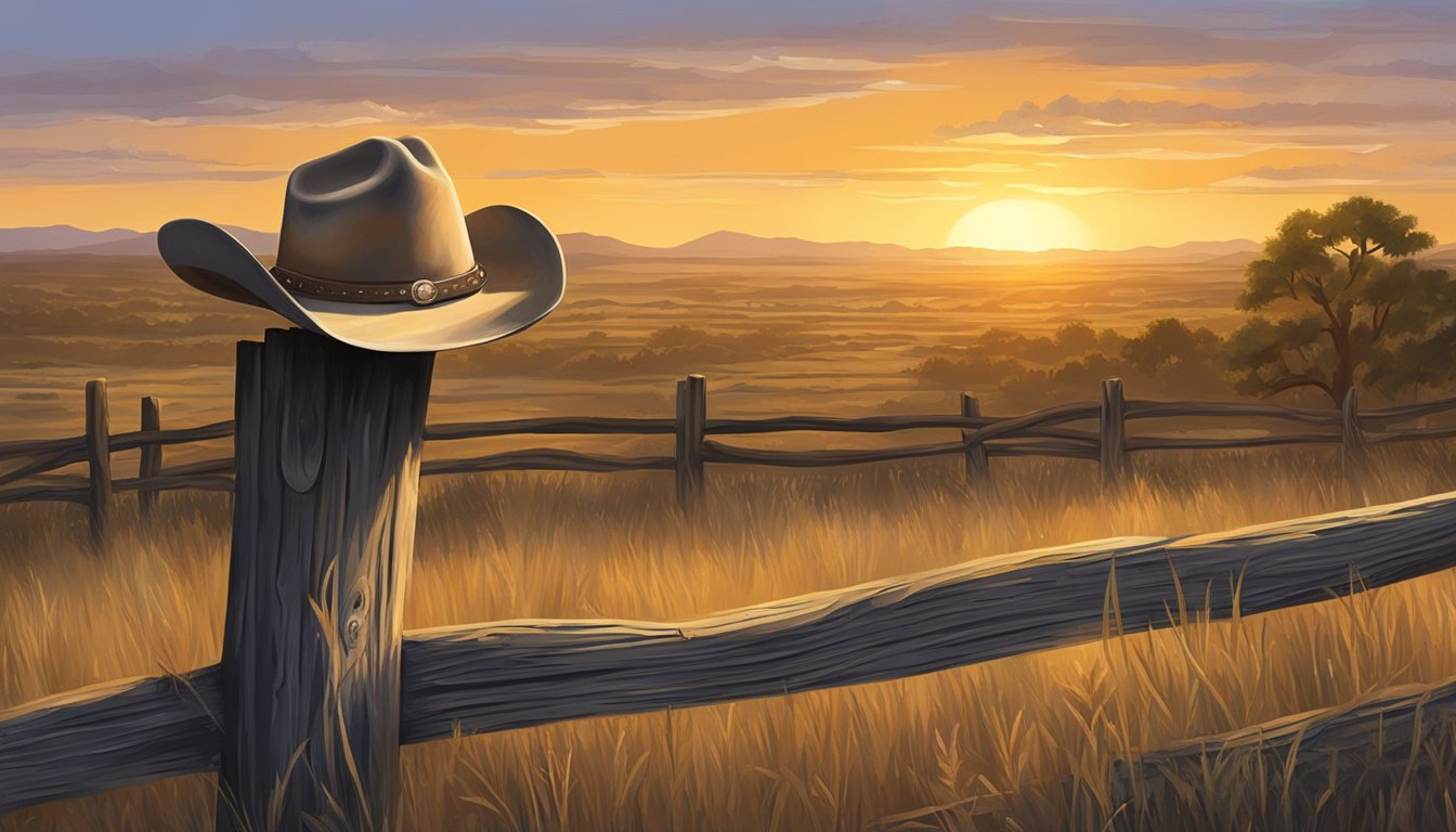 A lone cowboy hat sits atop a weathered wooden fence, surrounded by the sprawling Texas landscape. A golden guitar leans against the fence, catching the warm glow of the setting sun