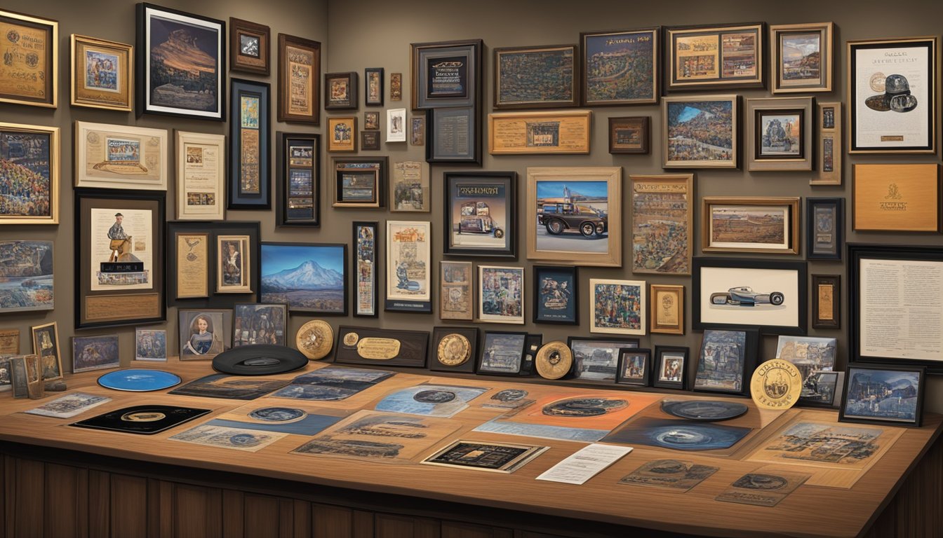 A collection of George Strait's iconic albums and memorabilia displayed in a museum-like setting, surrounded by chart-topping accolades and awards