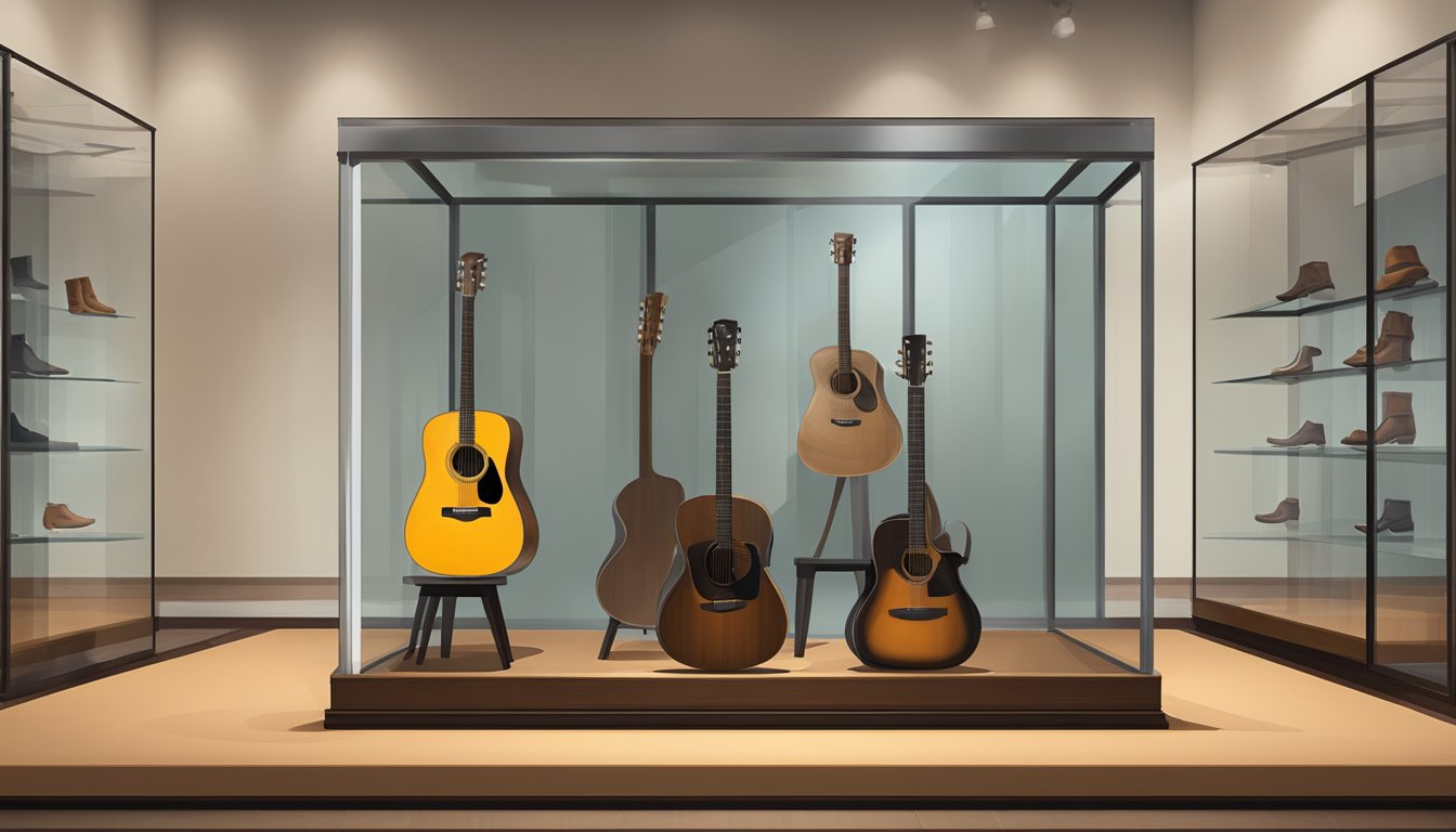 A cowboy hat, boots, and guitar displayed in a glass case at a museum