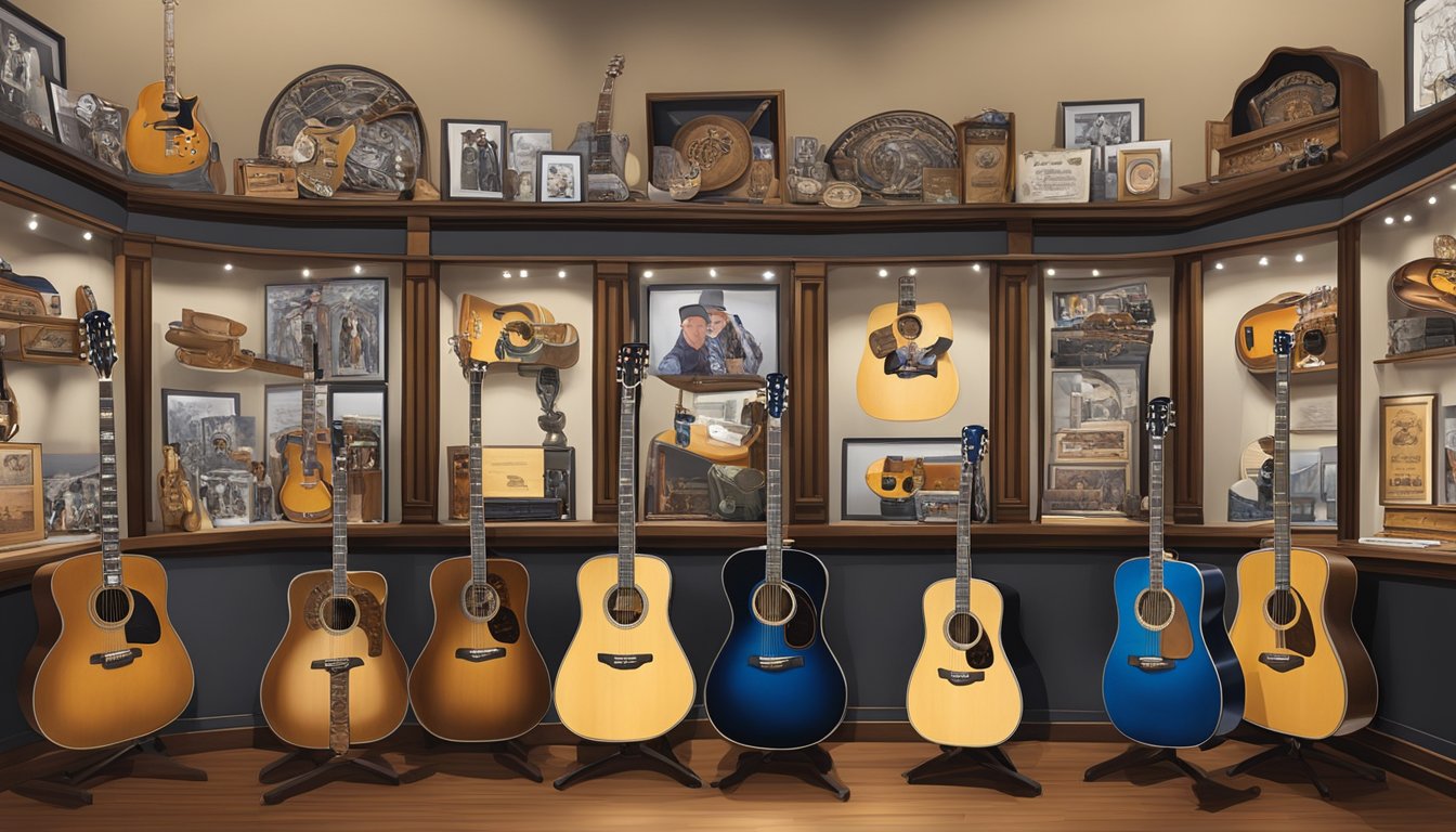 A display of George Strait's most valuable memorabilia, including guitars, awards, and stage costumes, arranged in a museum-like setting