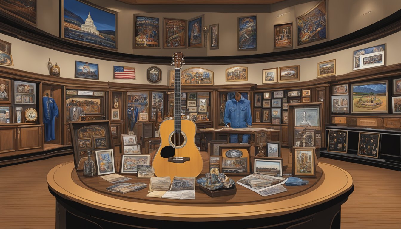 A display of George Strait's iconic memorabilia, including awards, guitars, and stage costumes, showcased in a grand and regal setting