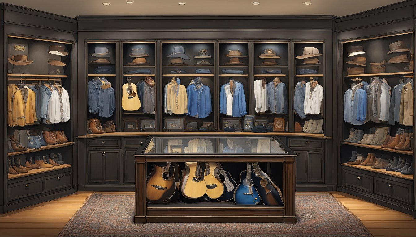 A display case holds George Strait's iconic stage outfits, guitars, and awards, surrounded by admiring fans and fellow musicians