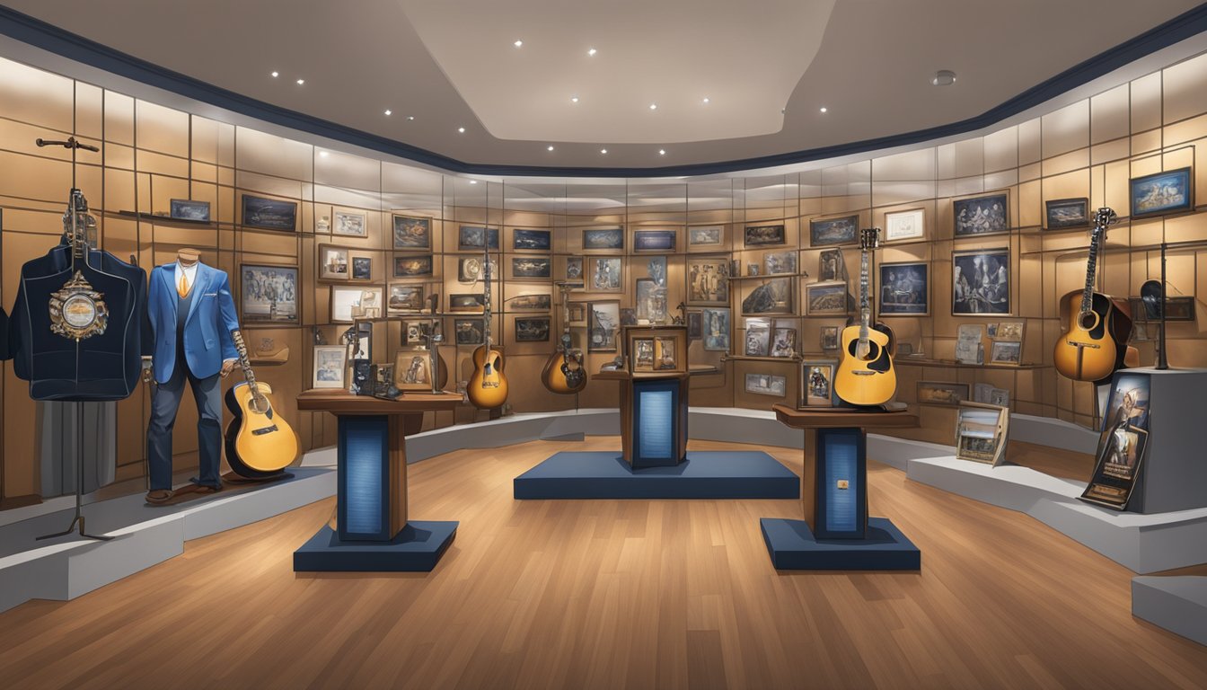 A display of George Strait's iconic memorabilia, including guitars, stage outfits, and awards, arranged in a museum-like setting with spotlights highlighting each item