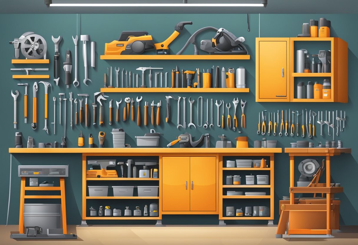 A well-organized workshop with various auto repair tools and equipment neatly arranged on shelves and workbenches