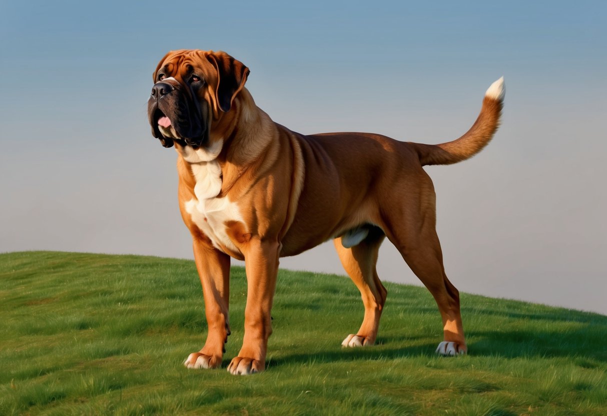 A large mastiff dog standing proudly on a grassy hill, ears alert and tail wagging