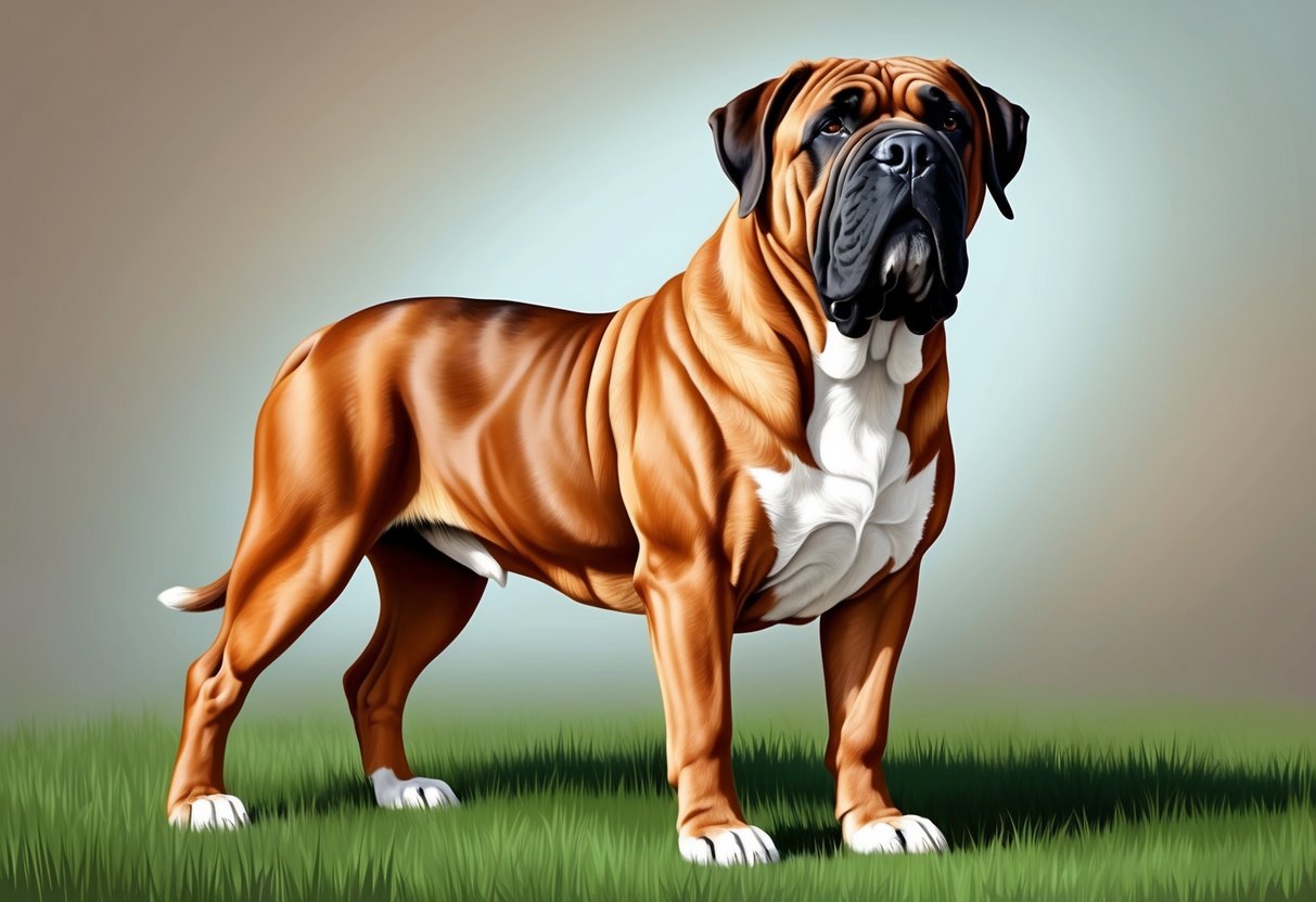 A large, muscular Mastiff dog stands proudly with a broad head, powerful jaws, and a thick, wrinkled face. Its short coat is typically fawn, apricot, or brindle in color