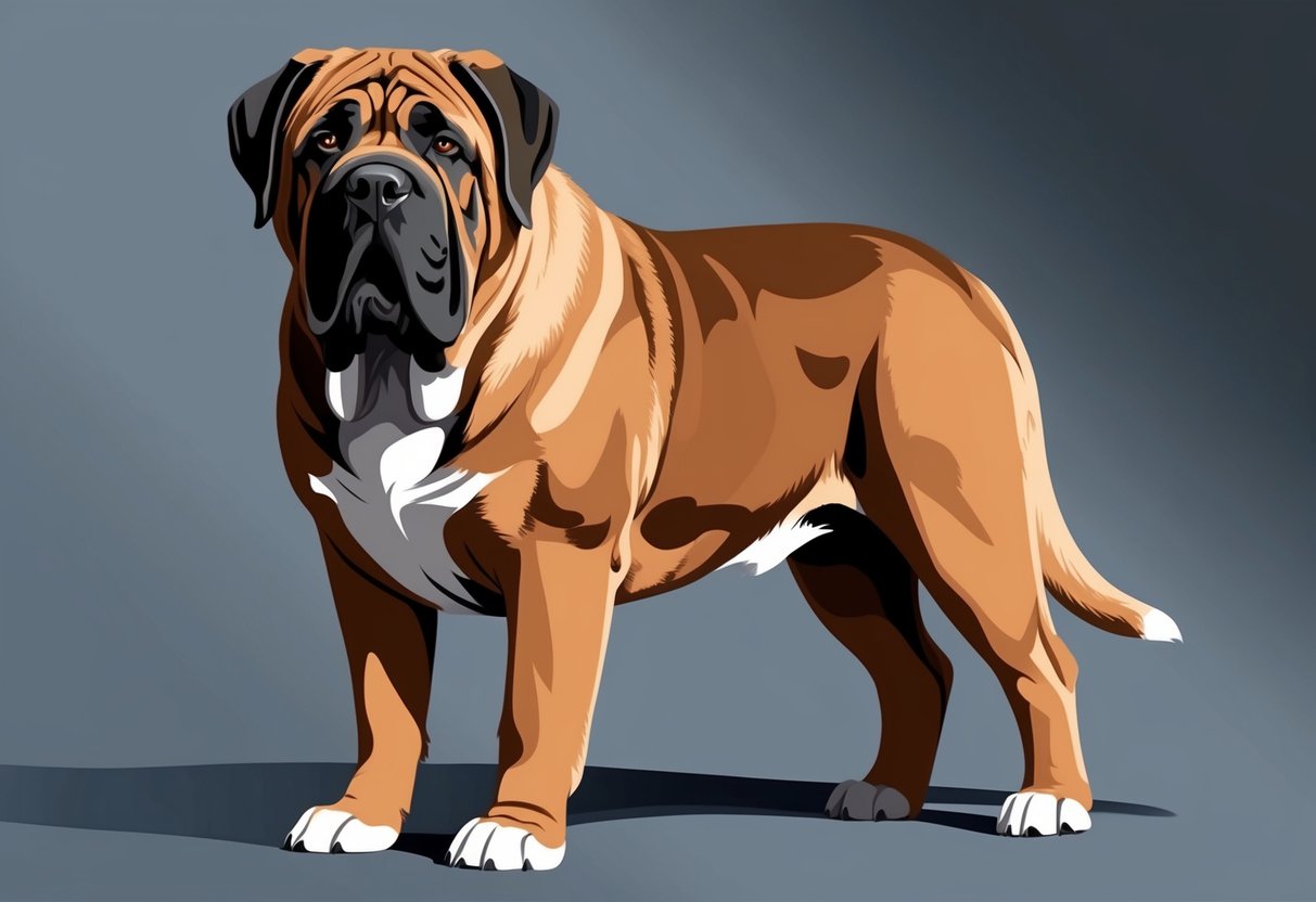 A massive Mastiff dog stands confidently, with a calm and stoic expression, exuding a powerful and protective presence