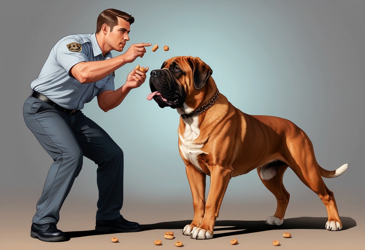 A mastiff dog being trained, with a handler giving commands and offering treats