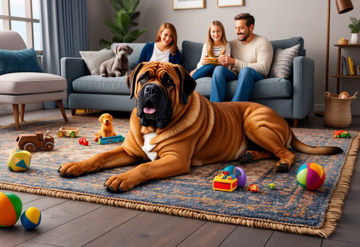 A mastiff dog lounges on a cozy living room rug, surrounded by scattered toys and a family of four