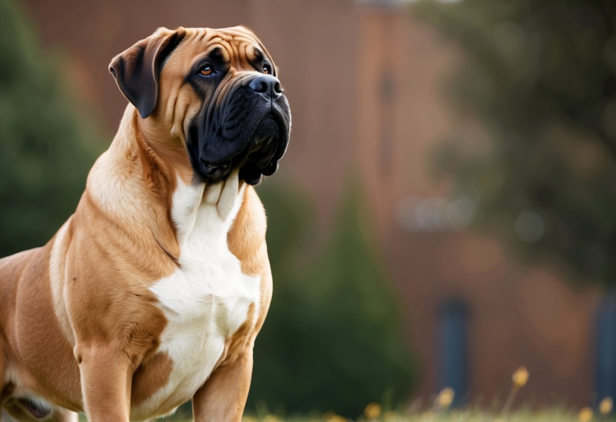 A mastiff dog standing tall and alert, gazing out with a sense of authority and readiness