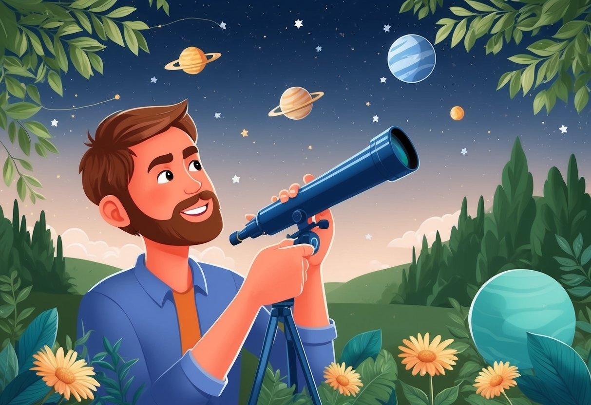 A virgo man surrounded by nature, analyzing the stars and planets with a telescope