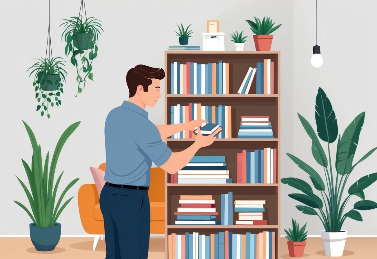 A Virgo man carefully organizing a bookshelf, surrounded by neatly arranged plants and a clean, minimalist living space