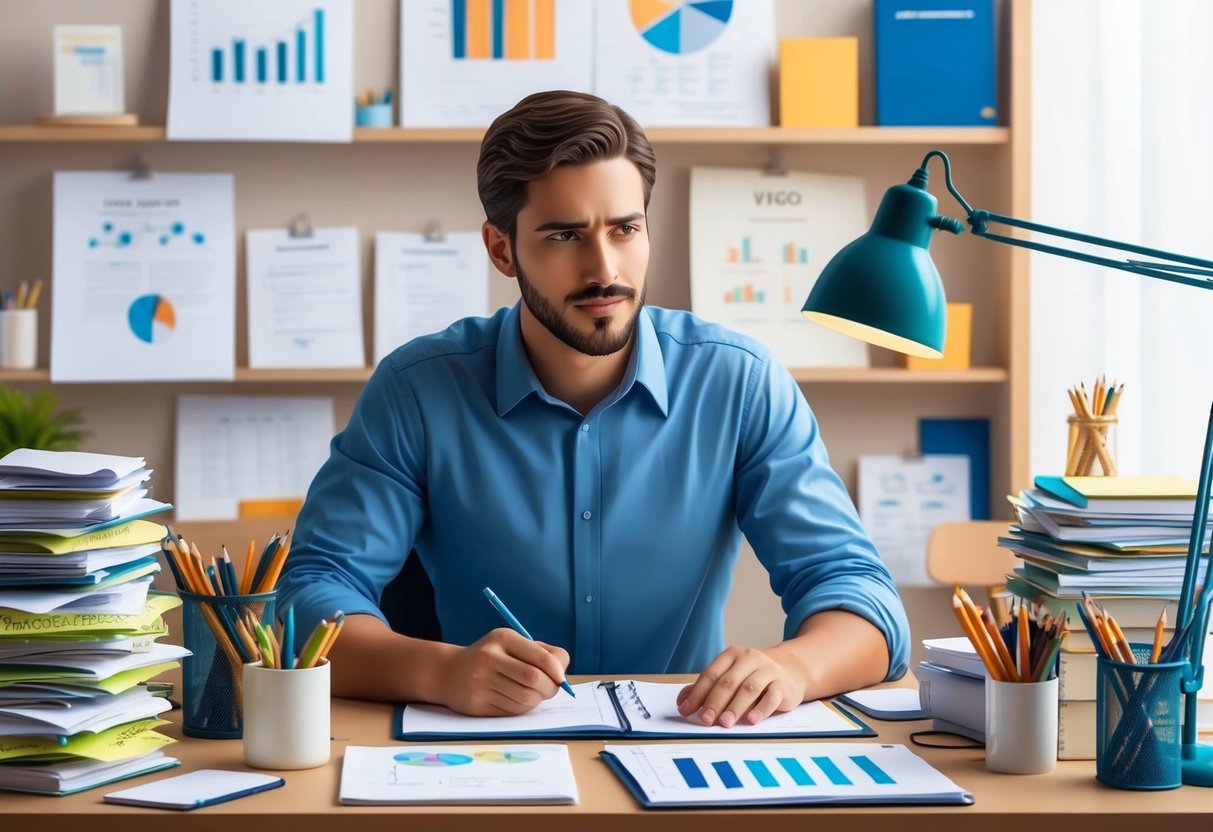 A Virgo man working diligently at his organized desk, surrounded by meticulous notes and charts, with a focused and analytical expression on his face