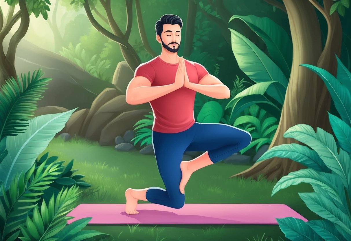 A Virgo man practicing yoga in a serene, nature-filled environment, surrounded by lush greenery and calming natural elements