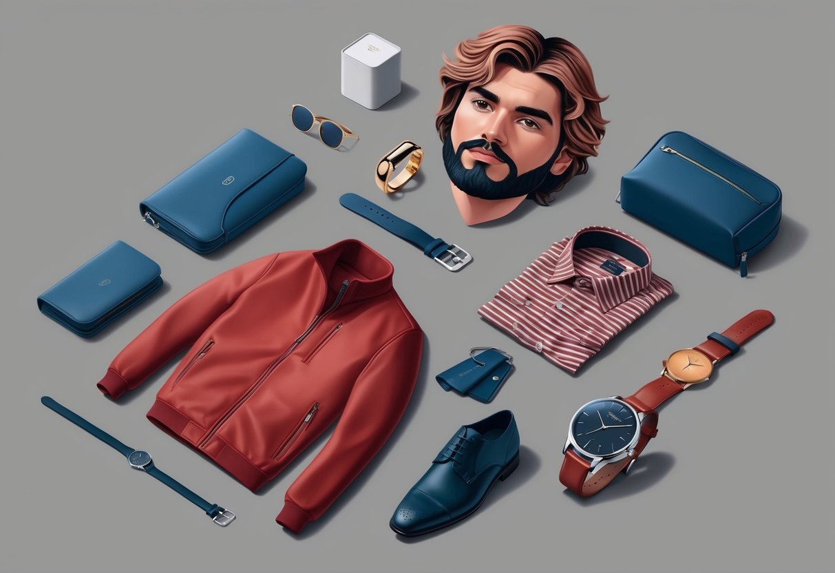 A virgo man surrounded by sleek, modern fashion items and accessories