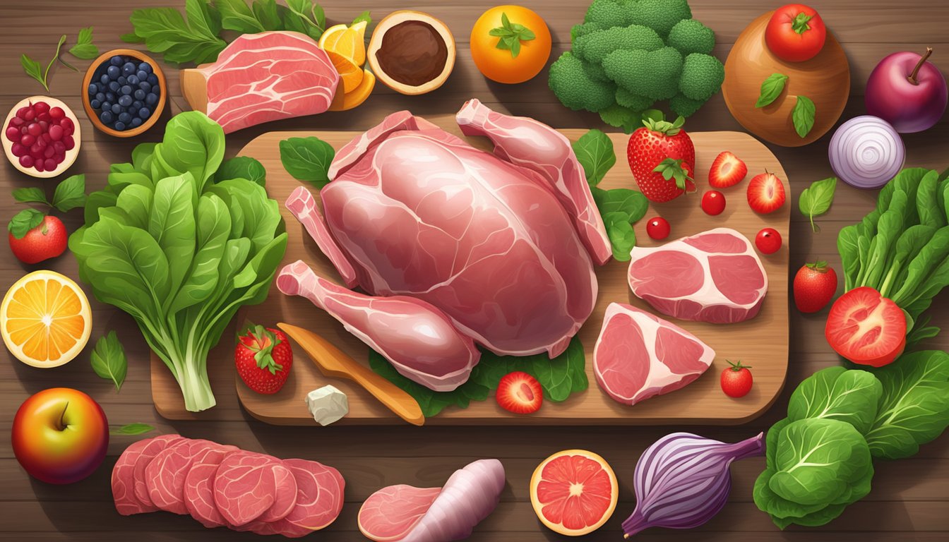 A variety of fresh, raw meats and organs arranged on a wooden cutting board, surrounded by vibrant green leafy vegetables and colorful fruits