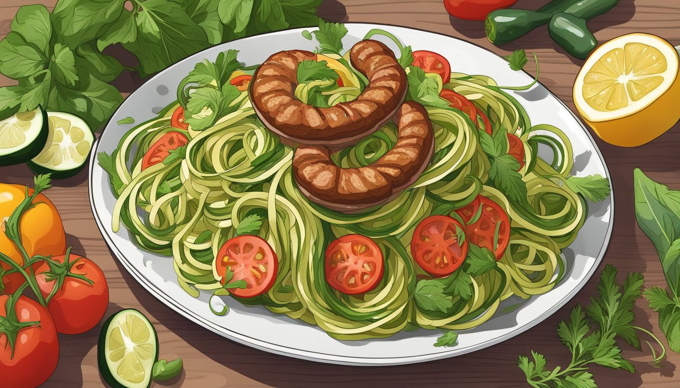 A colorful plate of zucchini noodles topped with Italian sausage, surrounded by vibrant vegetables and herbs