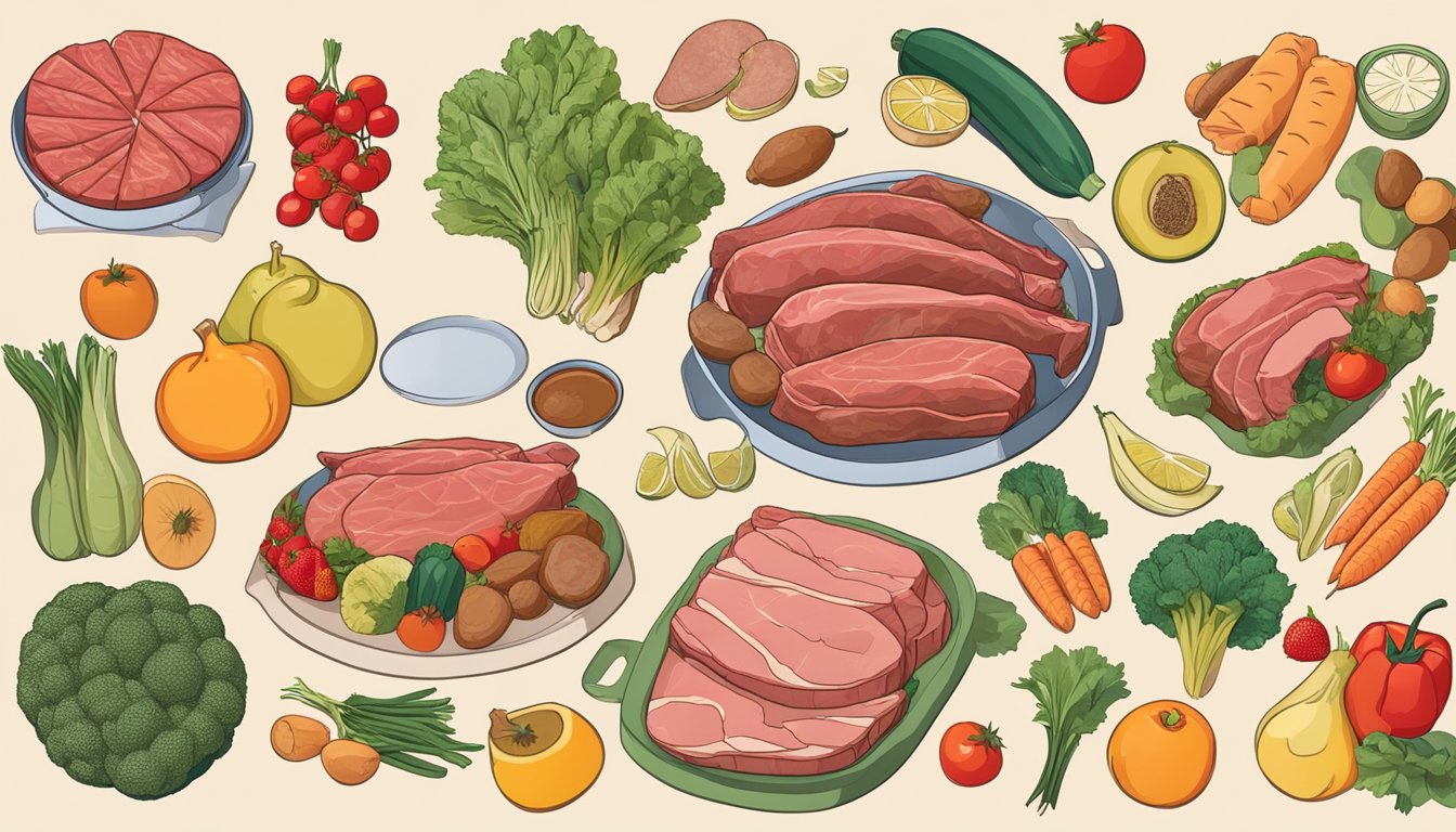 A table filled with various cuts of meat, surrounded by vibrant fruits and vegetables, with a scale showing a decreasing number