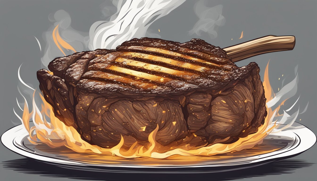 A sizzling ribeye steak, slathered in garlic butter, cooks on a hot grill, surrounded by flickering flames and billowing smoke