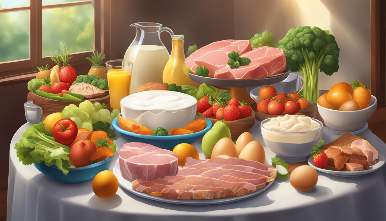 A table filled with various meats, eggs, and dairy products surrounded by vibrant fruits and vegetables, with a radiant glow emanating from the food