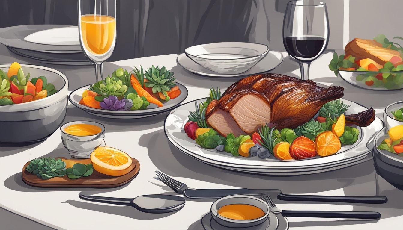 A succulent roasted duck breast served with vibrant, colorful sides on a stylish dinner table